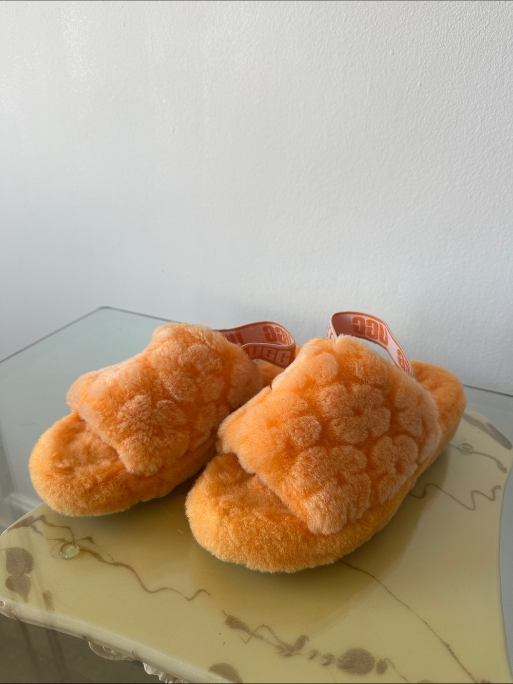 UGG Orange Plush Shearling Slide with Logo Heel Strap